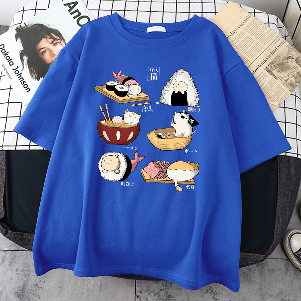 Enter Boutique Sports Clothing Collection Eten Schattige Kat Sushi Cartoon Stijl Heren Katoen Korte Mouw Harajuku Casual All-Math T-shirts Oversize Mode Kleding 2XL