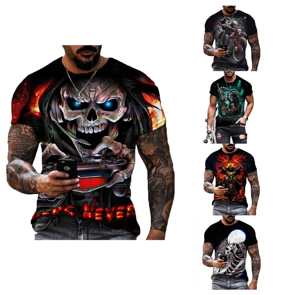 ETST 012 Zwarte Schedel T-shirt Mannen Punk Schedel T-shirt Rock Gun Blauw T-shirt 3D Gedrukt T-shirt Retro Gothic Herenkleding zomer Top 4XL