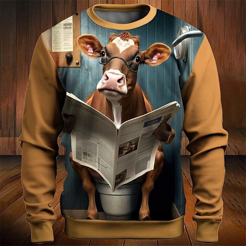 ETST 013 Grappige heren pullover sweatshirt koe lezen krant grafische T-shirts 3D-geprinte T-shirts losse oversized mode herenkleding tops 4XL