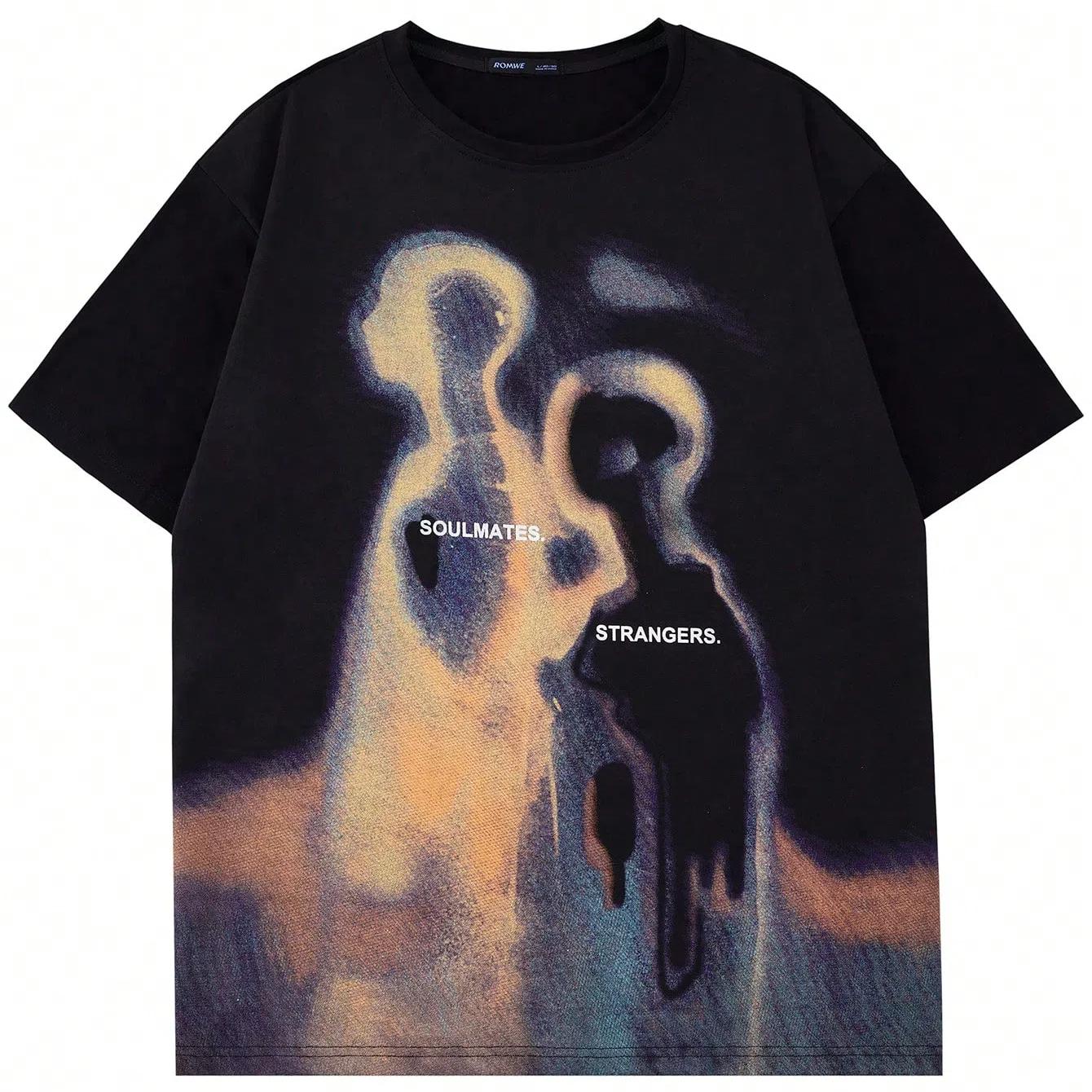 Bobby 2 ROMWE Street Life Heren Vintage Streetwear Silhouette Illusion Thermische Imaging Karakter Bedrukt T-shirt met Korte Mouwen, Zomer, School XL