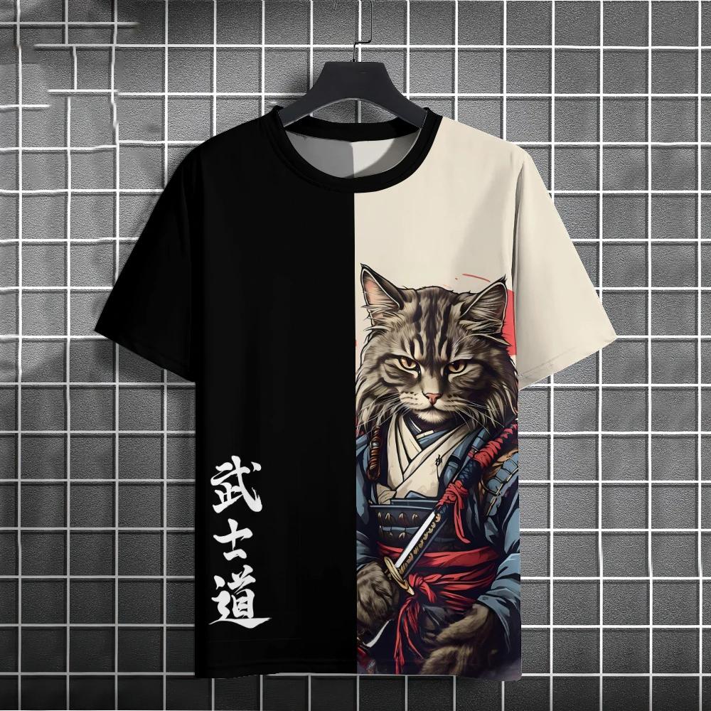 ETST 05 Mode Casual Cool Samurai Cat grafische t-shirts Zomer Heren Trend Grappig Hip Hop harajuku streetwear Vrije tijd Bedrukt Korte Mouw 6XL