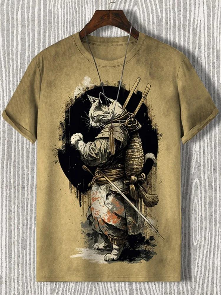 Xr 01 Heren T-shirt Japanse stijl Samurai Cat Grafisch 3D-geprint T-shirt Casual korte mouwen T-shirt Outdoor Oversized herenkleding Tops 6XL