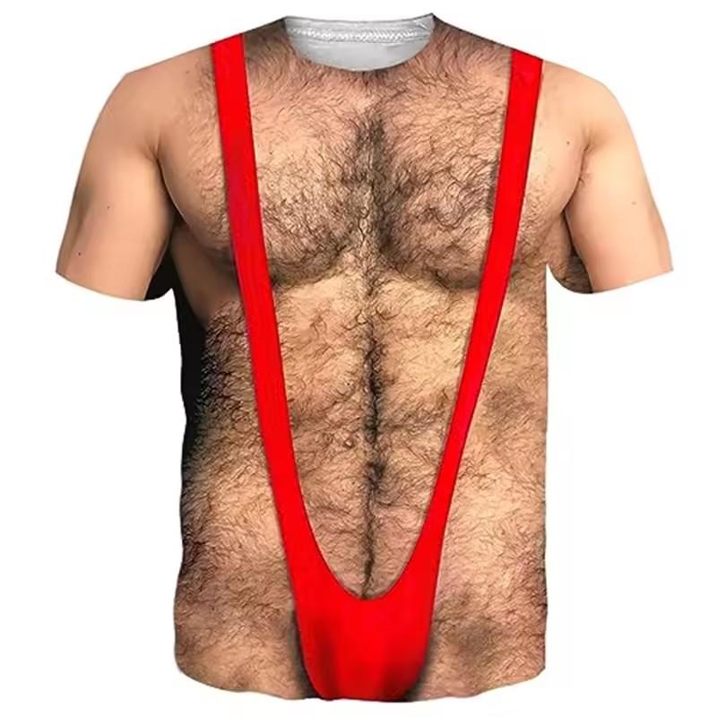 ForYourBeauty Grappige 3D neppe buikspieren T-shirts voor mannen, harige gespierde borst, korte mouwen cosplay kostuum, nieuwigheid, sexy oversized T-shirt L