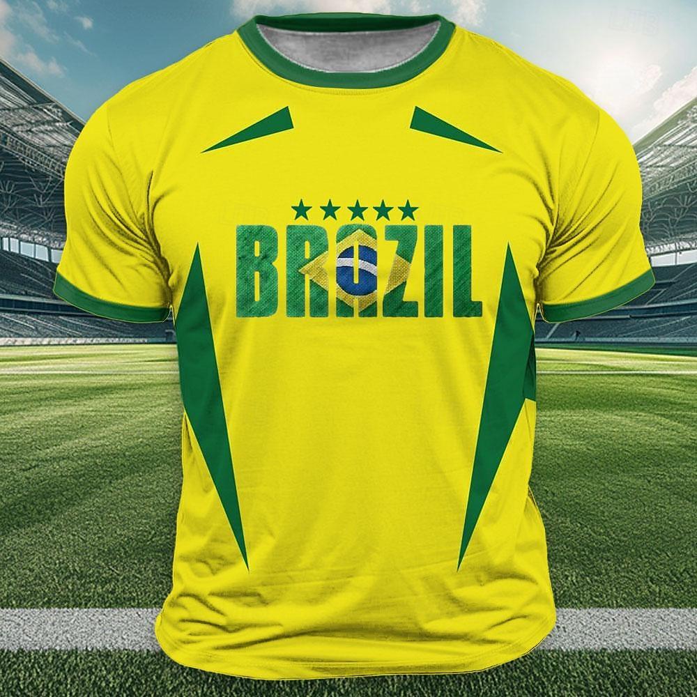 ETST0013 T-shirt met Braziliaanse vlagprint voor heren, buitensporten, korte mouwen, casual ronde hals, losse tops, zomertrend, herenkleding S