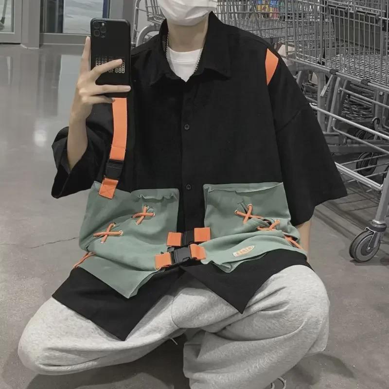 VantaGoods Unisex Retro Cool Street-Style Spliced Shirt met Korte Mouwen - Europese en Amerikaanse Hong Kong Zomer Trend 2XL kaki
