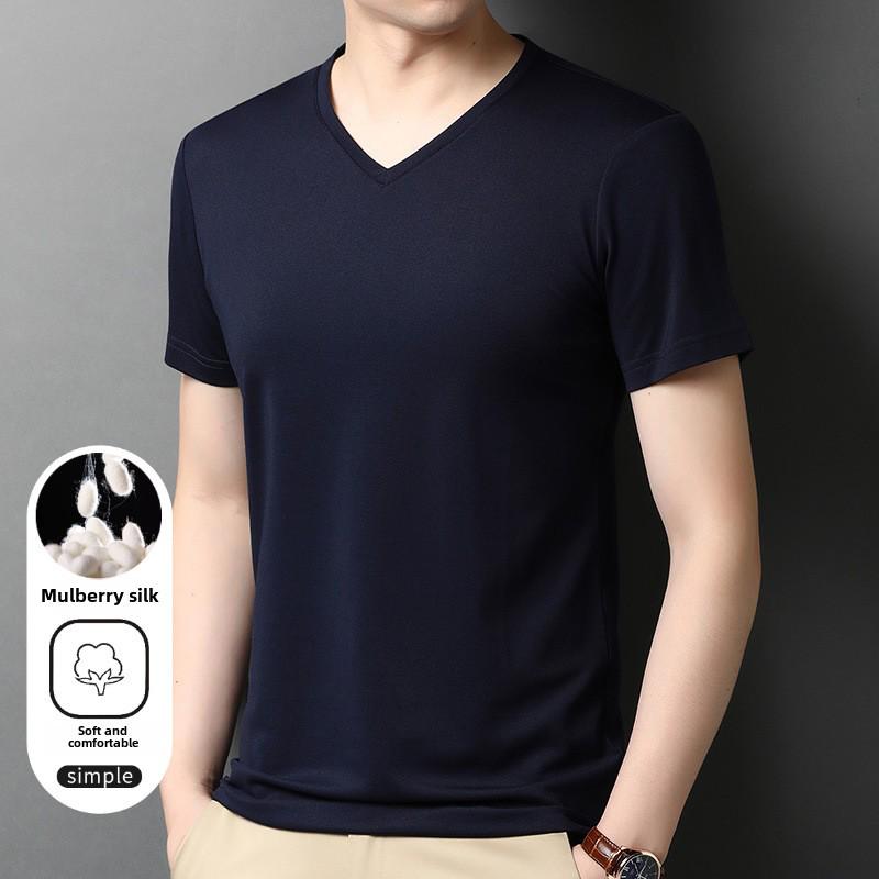 VantaGoods Heren V-hals Moerbei Zijde Korte Mouw T-shirt - Zomer 2022 Ice Zijde Slim Fit Top, Ademend, Effen Kleur Medium