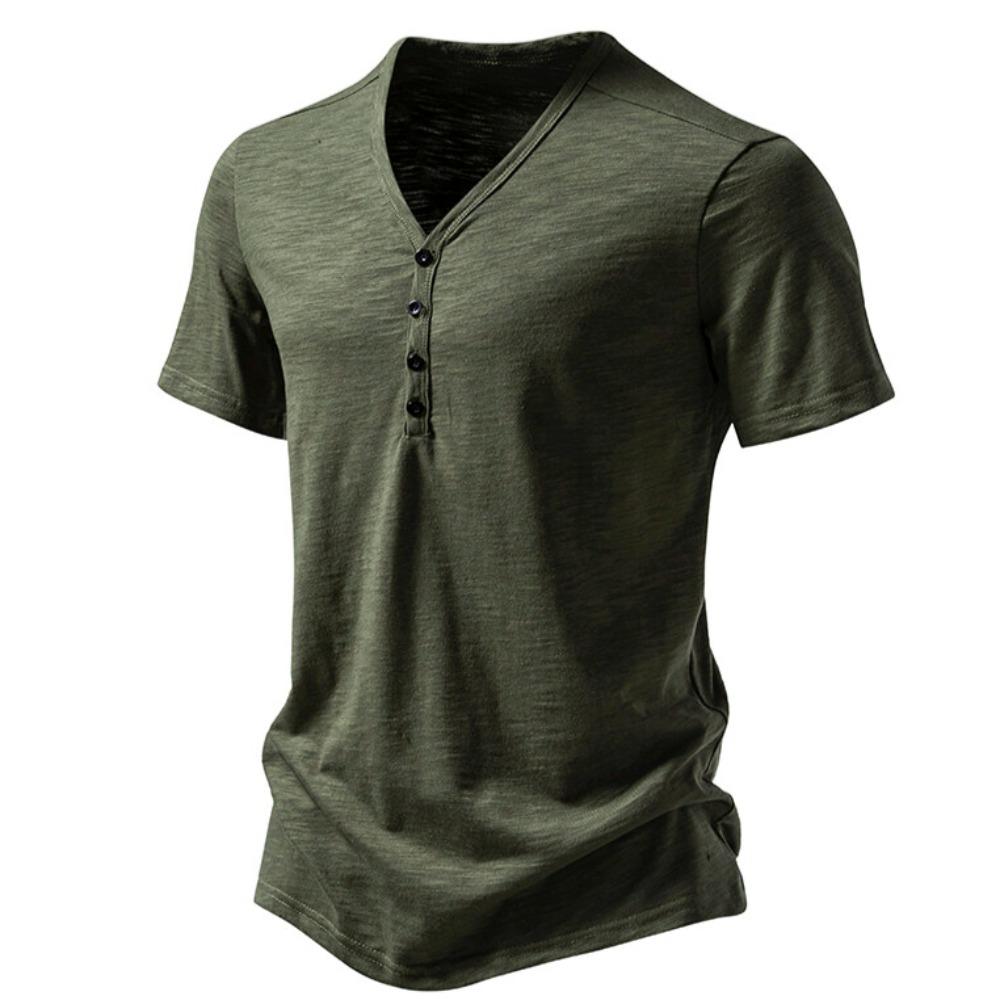 FEGKZLI Fashion Heren Henley kraag T-shirts Zomer Casual Effen Kleur Korte Mouw T-shirt Hoge Kwaliteit Tops 2XL legergroene kleur