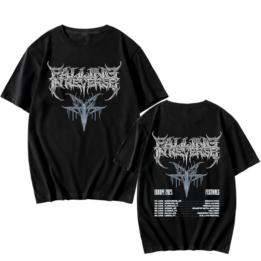 Planet clothing wholesale Falling In Reverse EUROPA 2025 FESTIVALS T-shirts Pop Metal Streetwear Cadeau voor Fans Unisex T-shirt Losse Casual Katoenen Tops L zwart