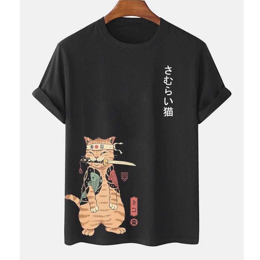 ETST 012 Cartoon Anime Samurai Kat Gedrukte T-shirt Voor Mannen Outdoor Hip Hop Harajuku Vintage Kleding Casual O-hals Losse Korte mouw Tees 4XL