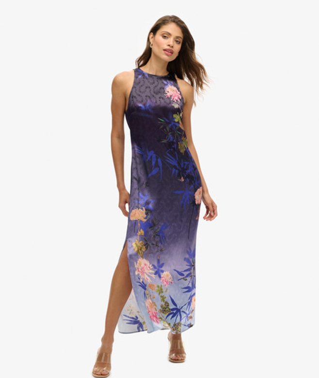 Superdry Bedrukte Satijnen Maxi-jurk Blauw