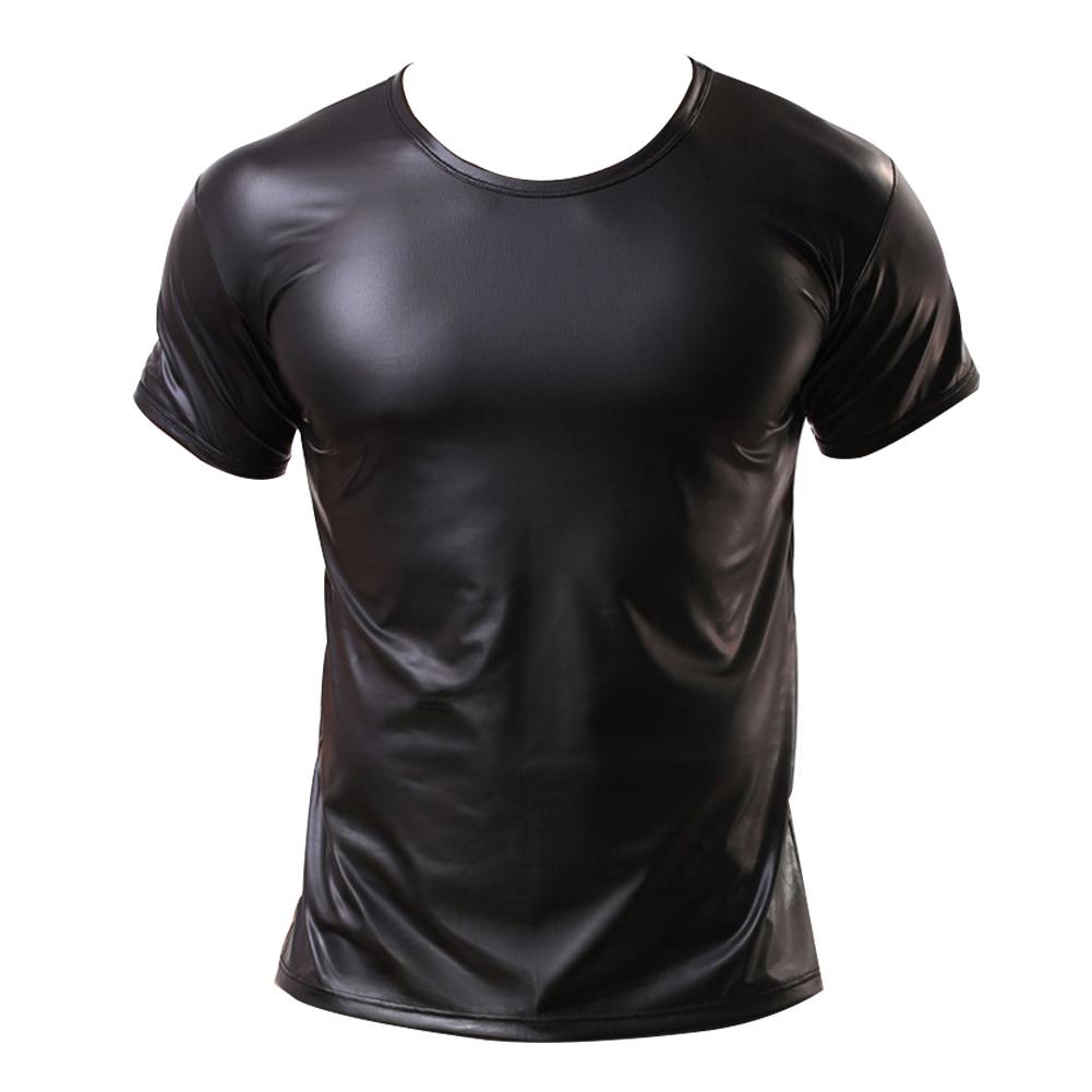 Talos Men Clothing TMC heren kunstleer effen kleur elastische topbar podiumprestatie slank T-shirt XXL zwart