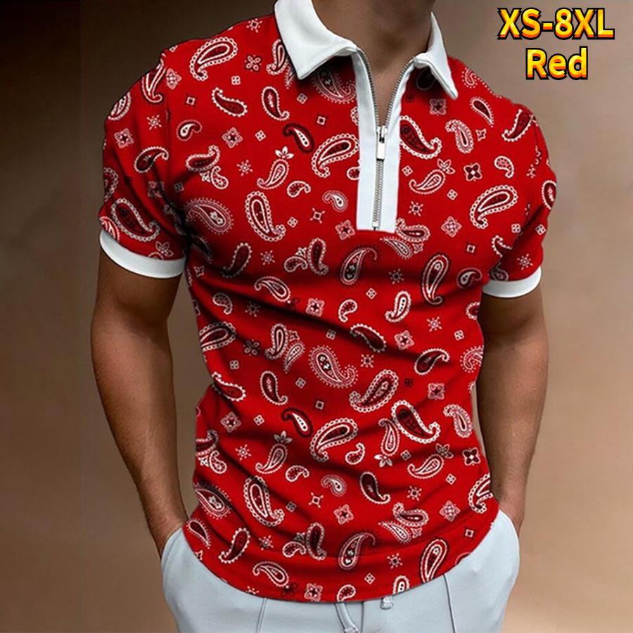 Happy Show Casual Revers T-shirt Jonge Mannen Mode Rits T-shirt Korte Mouw T-shirt Heren 3D Rood Patroon T-shirt 8XL rood