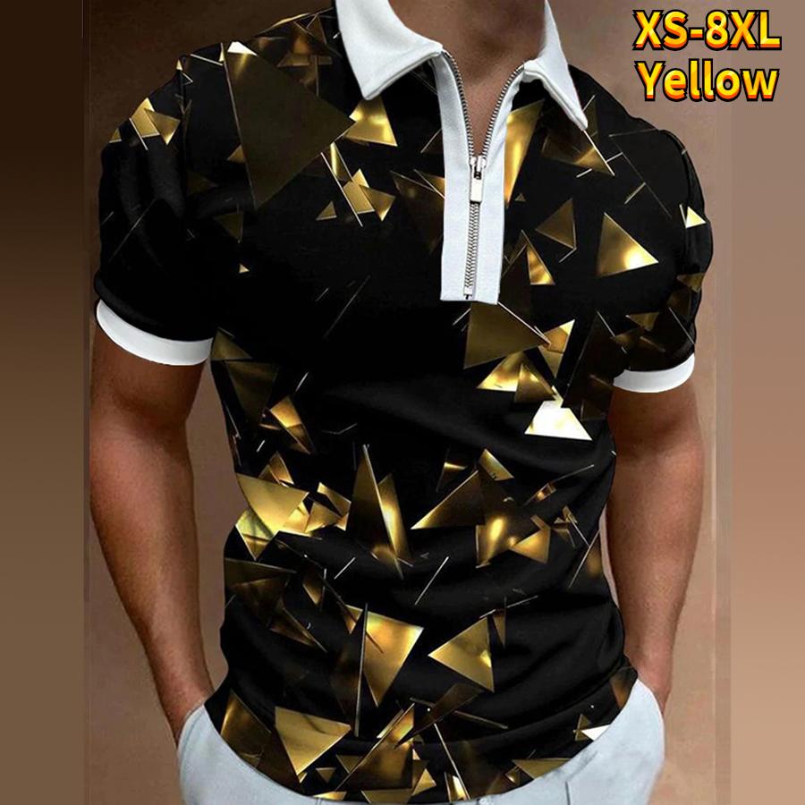 Happy Show Casual Revers T-shirt Jonge Mannen Mode Rits T-shirt Korte Mouw T-shirt Mannen 3D Roze Lijn Print T-shirt 8XL geel
