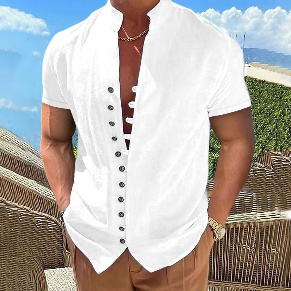 HerSight Zomer Heren Katoen Linnen Tops Vintage Button Up Stand Hals Korte Mouw Heren Wit Zwart XXL wit