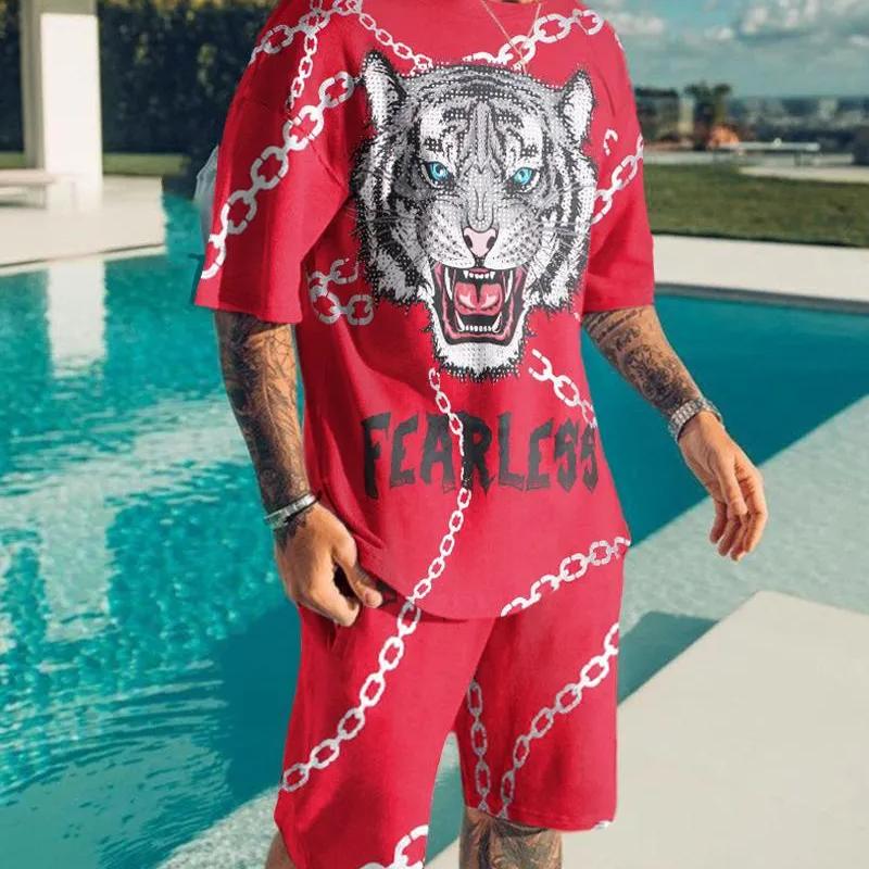 ETST WENDY 005 Zomer Heren O-hals Korte Mouwen + Shorts Blauwe Ogen Witte Tijger 3d Gedrukt Patroon Mode Vrije Tijd Losse T-shirt Set sport Pak 6XL