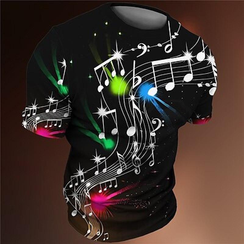 Bobby 2 Music Notes Heren 3D Shirt Zwart Zomer Heren T-shirt Grafisch Muzikale Ronde Hals Kleding 3D Print Outdoor Casual Korte Mouw Modeontwerper M
