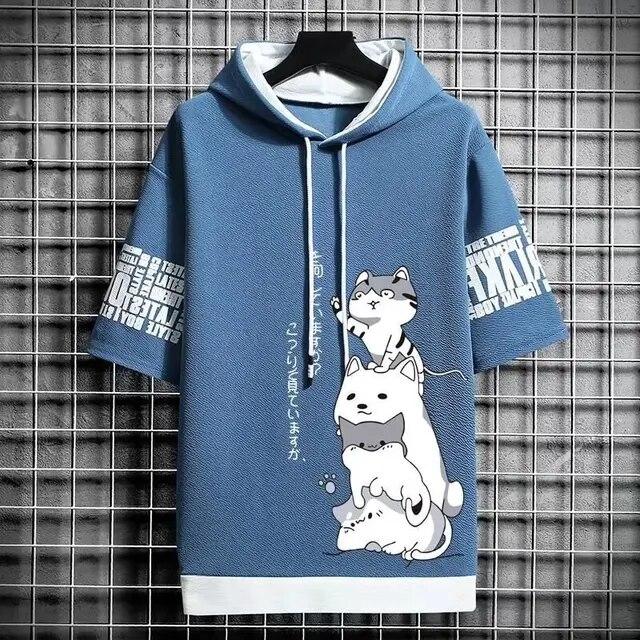 QGOOD Japanse mode heren hoodies zomer herenkleding cartoon casual harajuku streetwear print hooded korte mouwen sweatshirts heren XL blauw