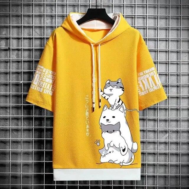 QGOOD Japanse mode heren hoodies zomer herenkleding cartoon casual harajuku streetwear print hooded korte mouwen sweatshirts heren XL geel