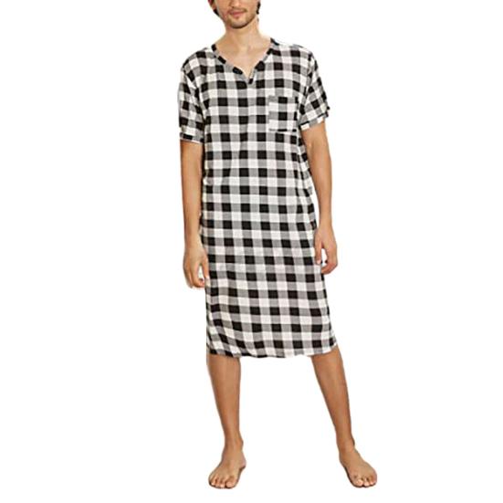 PLUM LAI Heren pyjama's Kleur bijpassende ruit print korte mouwen borstzak losse V-hals casual L zwart