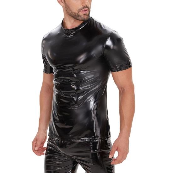 PLUM LAI Heren clubtop glad glanzend kunstleer korte mouwen ronde hals slim fit elastisch XL zwart