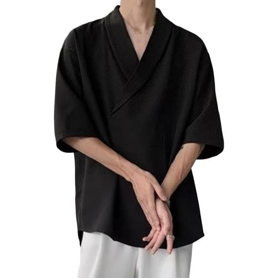 Songmeijuan Heren Zomer Shirt V Hals Los Baggy Effen Kleur Zacht Hip Hop Halve Mouwen Zacht Ademend Casual Pullover Streetwear Haarstylist Top 2XL zwart
