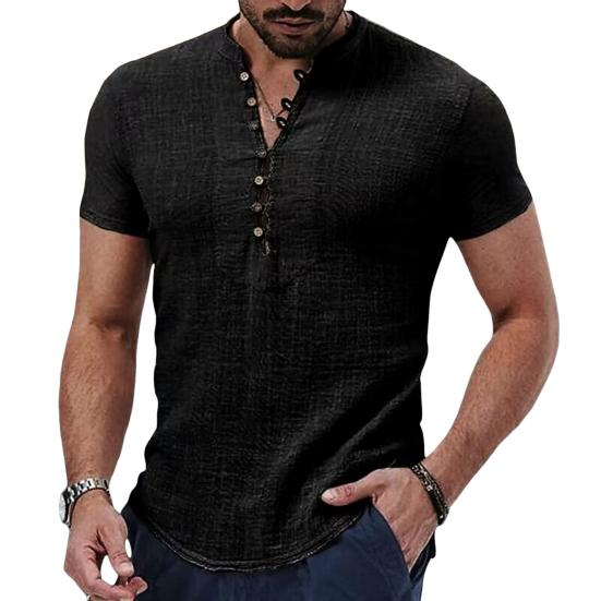 Shenglian Heren katoenen linnen overhemd casual top met knopen losse pasvorm korte mouwen T-shirt ademende zomerkleding voor dagelijks gebruik L zwart