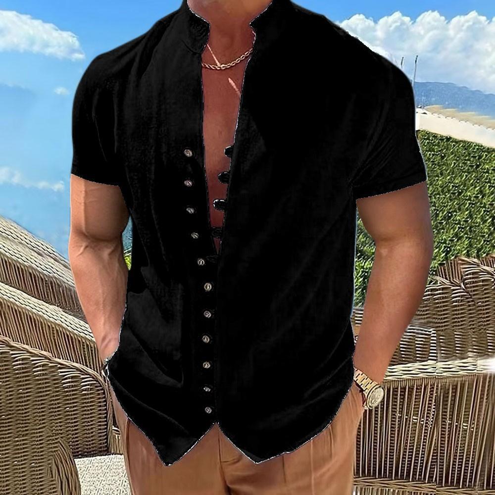 King Billion Men's Summer Clothes Beach Style Cotton Linen Single Breasted T-shirts Fashion Button Design Casual Outdoor Comfortable Short Sleeves L zwart
