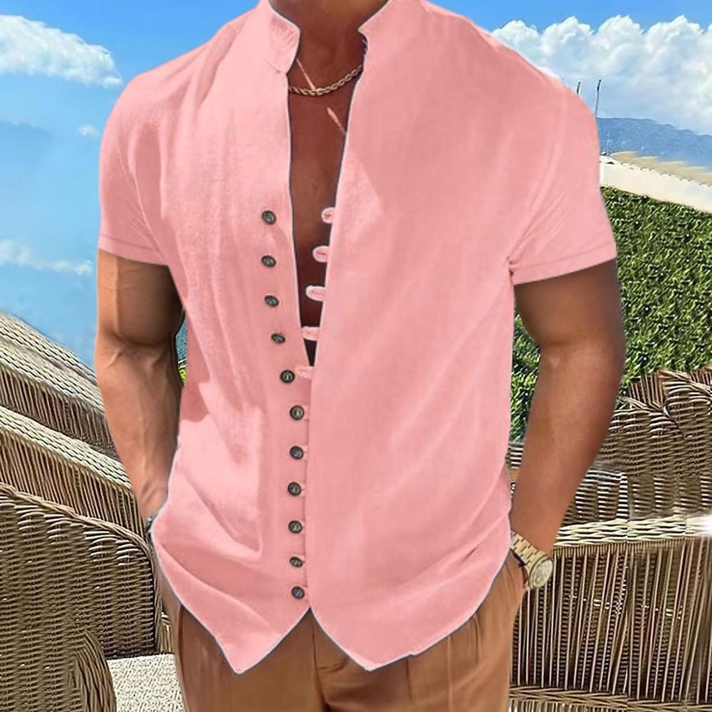 King Billion Men's Summer Clothes Beach Style Cotton Linen Single Breasted T-shirts Fashion Button Design Casual Outdoor Comfortable Short Sleeves XXXL roze