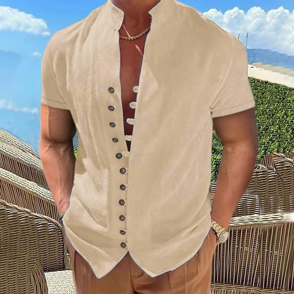 King Billion Men's Summer Clothes Beach Style Cotton Linen Single Breasted T-shirts Fashion Button Design Casual Outdoor Comfortable Short Sleeves XXXL kaki