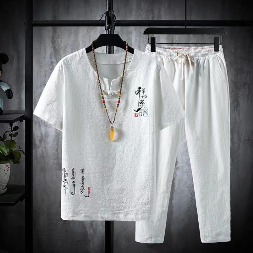 DSorothy (Overhemd + Broek) Zomer Chinese Stijl Heren Overhemden Katoenen en Linnen Overhemden Heren Hoge Kwaliteit Casual Overhemden Tweedelig 2XL wit
