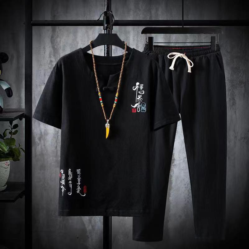 DSorothy (Overhemd + Broek) Zomer Chinese Stijl Heren Overhemden Katoenen en Linnen Overhemden Heren Hoge Kwaliteit Casual Overhemden Tweedelig 2XL zwart