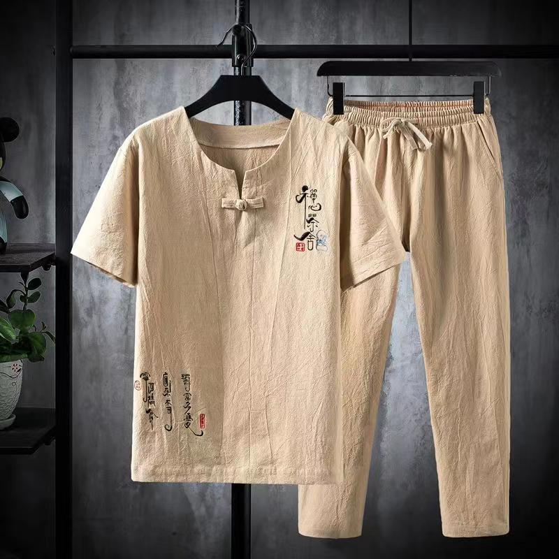 DSorothy (Overhemd + Broek) Zomer Chinese Stijl Heren Overhemden Katoenen en Linnen Overhemden Heren Hoge Kwaliteit Casual Overhemden Tweedelig 2XL kaki