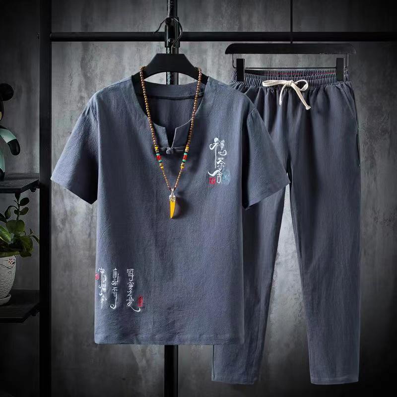 DSorothy (Overhemd + Broek) Zomer Chinese Stijl Heren Overhemden Katoenen en Linnen Overhemden Heren Hoge Kwaliteit Casual Overhemden Tweedelig 2XL donkergrijze kleur