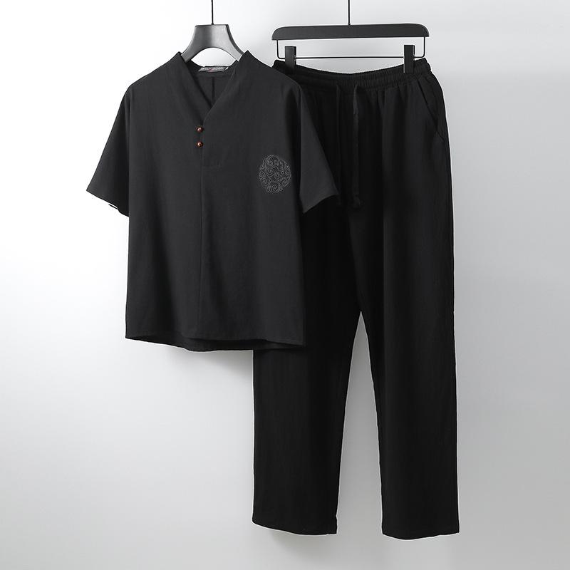 LAOHU Herenkleding Grote maten Trainingspak Zacht Echtgenoot Zomerpak Linnen T-shirt Modeset Chinese Stijl Plus Size 9XL zwart