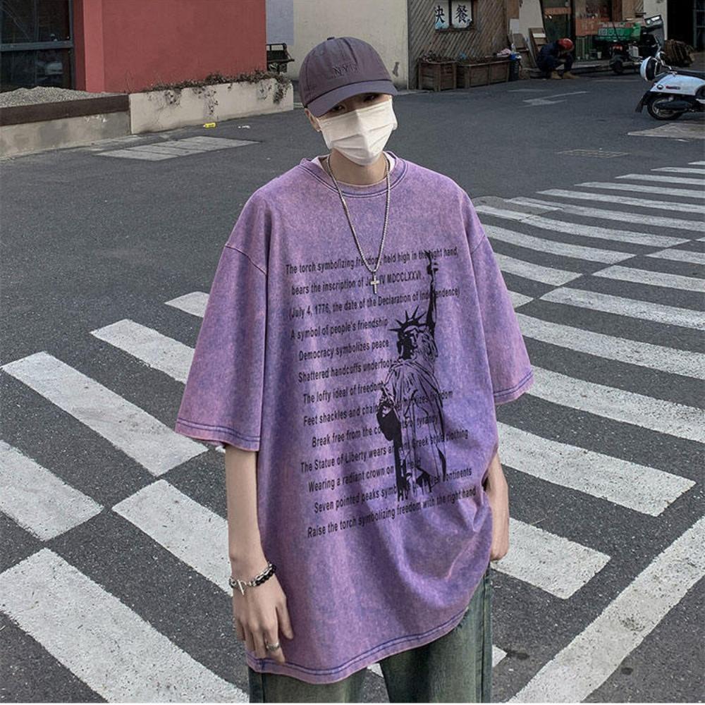 FEGKZLI Fashion S-5XL 280gsm 100% katoen Heren of Dames T-shirt Streetwear Brief Punk Tops Zomer Vintage Acid Wash T-shirt 5XL paars