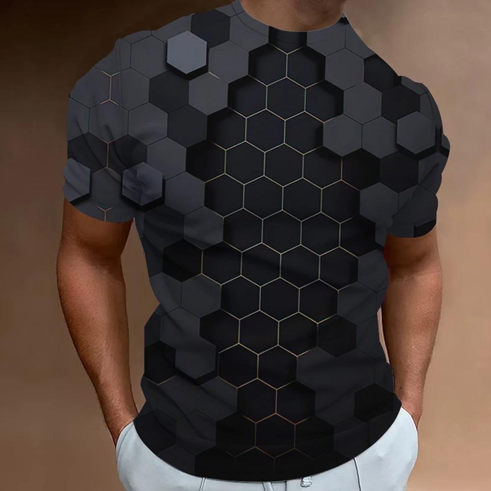 Xuhaijian02 Retro Zomer Heren Luxe Ronde Hals T-shirt Met 3D Geometrisch Patroon Patchwork Print Casual Polyester Korte Mouwen XXXL