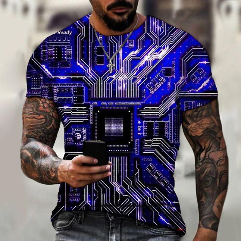 ETST 05 Zomer Heren Circuit Board Elektronische Chip CPU Creatieve Grafische 3D Print T-shirt Mode Kraag Korte Mouw Plus Size Top L