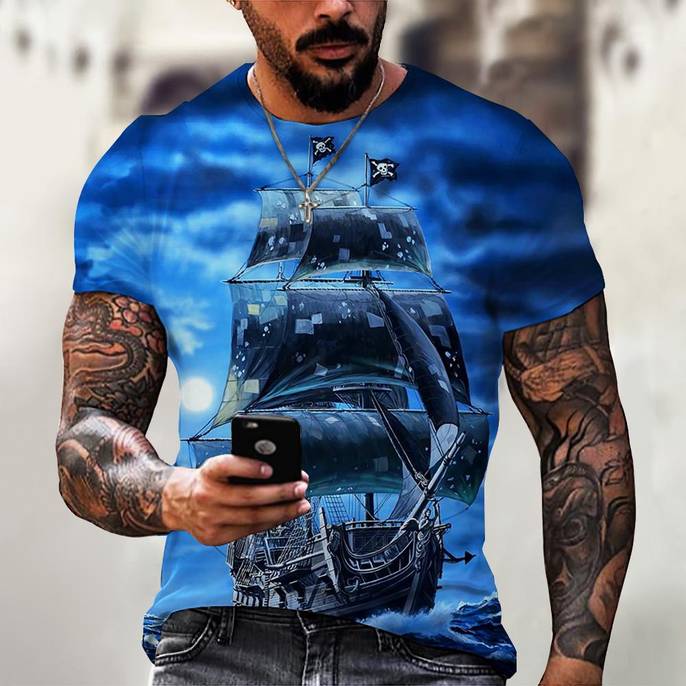 ETST 05 Vintage Mannen Schip T-shirts 3D Gedrukt Piratenschip Ronde Hals Korte Mouw T-shirt Voor Mannen Oversized Tops Tee shirt Homme Camiseta 6XL