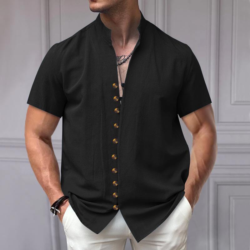 HerSight Zomer Heren Katoen Linnen Tops Vintage Button Up Stand Hals Korte Mouw Heren Wit Zwart L zwart