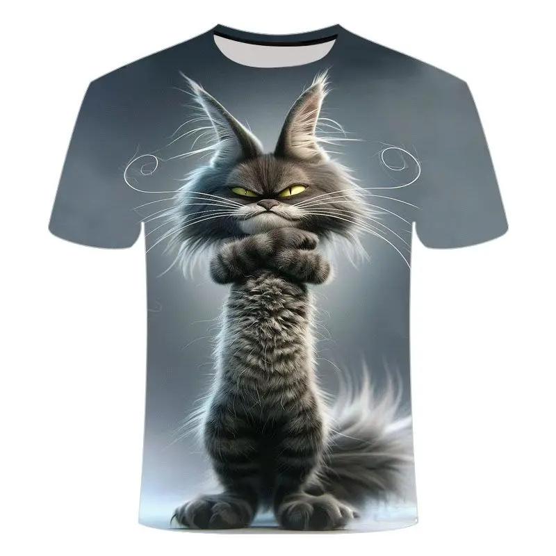 ETST 005 Grappig kattenpatroon T-shirt voor mannen Persoonlijkheidsdier 3D-geprinte T-shirts Zomer Losse tops met korte mouwen Casual ronde hals T-shirts M