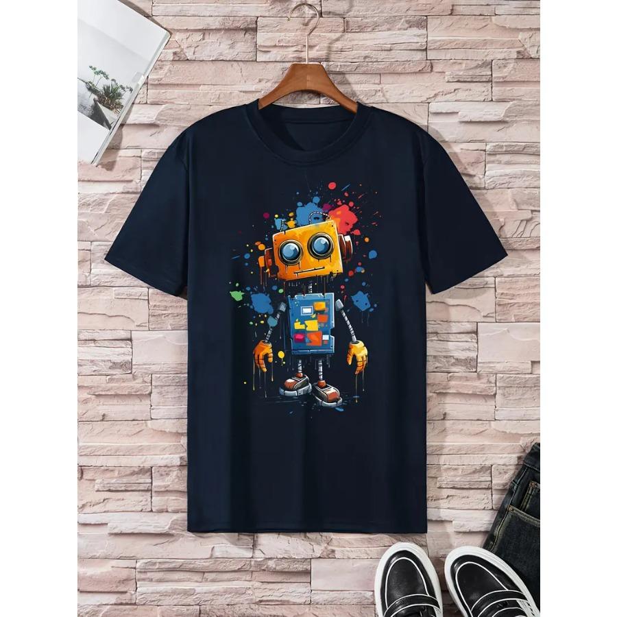 Plus Size FUGUIS Levendig Cartoon Robot Grafisch Print T-shirt - Zacht Licht Stretch Crew Neck T-shirt voor Heren - Comfortabele Street Style voor Alle Seizoenen 6XL marineblauwe kleur