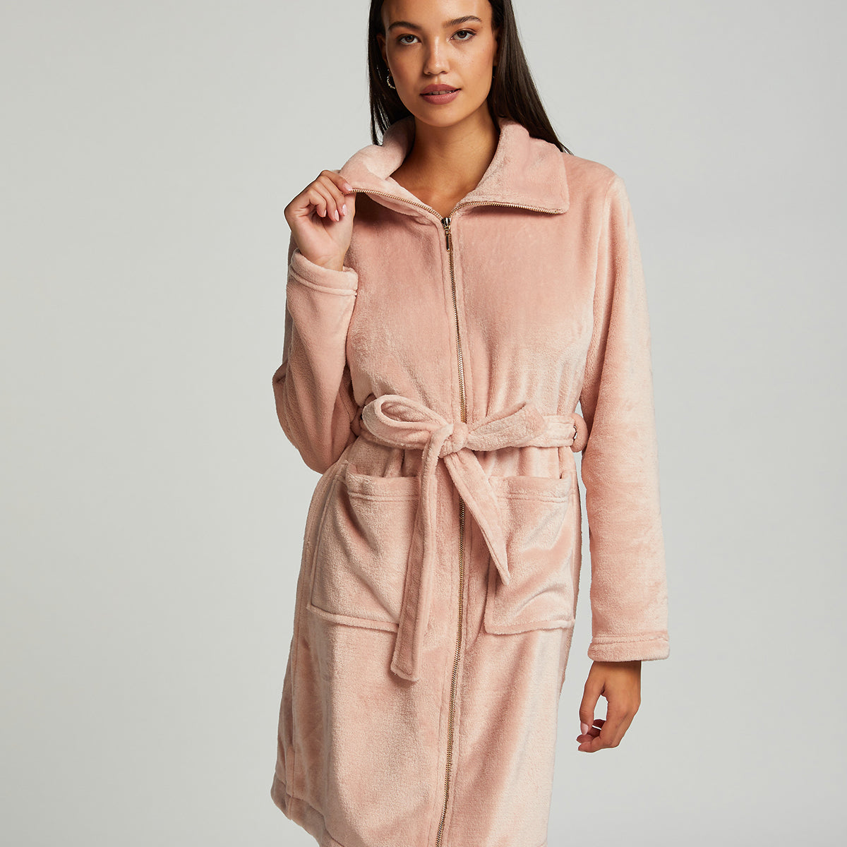 Hunkemöller Zip Flannel Fleece badjas, roze