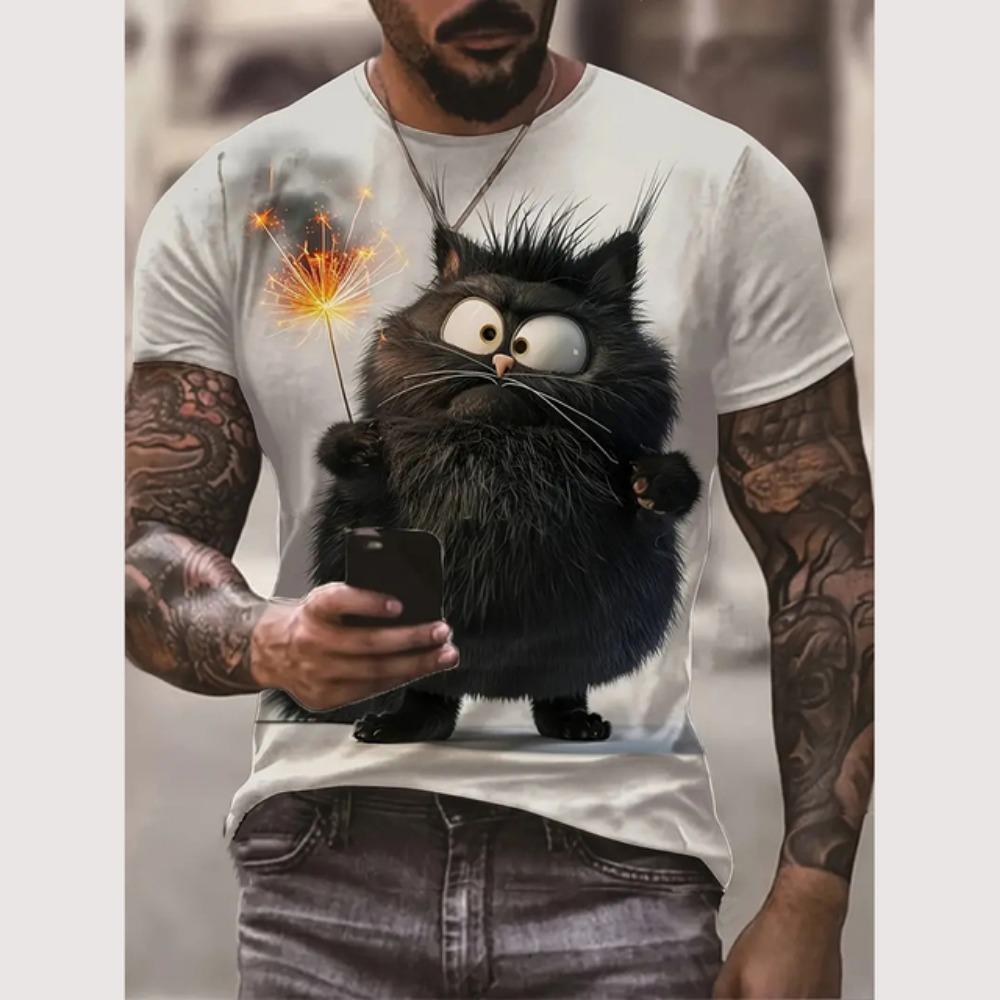 Xiao Xiang Zomer Heren T-shirt Kattenprint Casual Korte Mouw 3d T-shirts Mode Streetwear Ronde Hals Trui Oversized Herenkleding 160