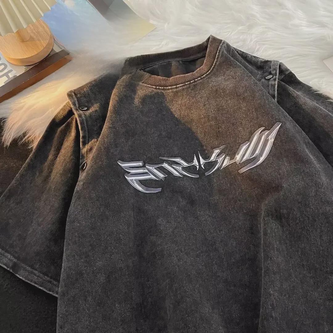 VantaGoods Heren gewassen distressed puur katoenen retro T-shirt met korte mouwen - Hip-Hop ronde hals zomerstijl Extra Large zwart