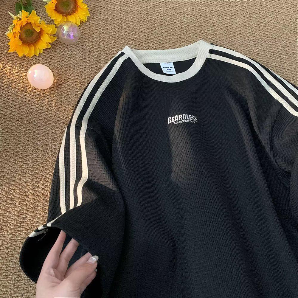 VantaGoods Heren zomer 2023 wafel T-shirt met korte mouwen: Trendy, casual, losse top voor koppels M zwart