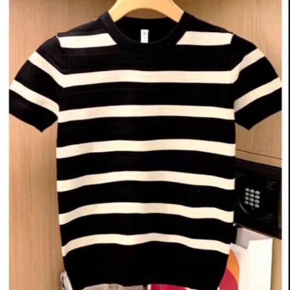 VantaGoods Heren zwart-wit gestreept halflange ronde hals ijszijde T-shirt - Zomermodetrend Medium zwart