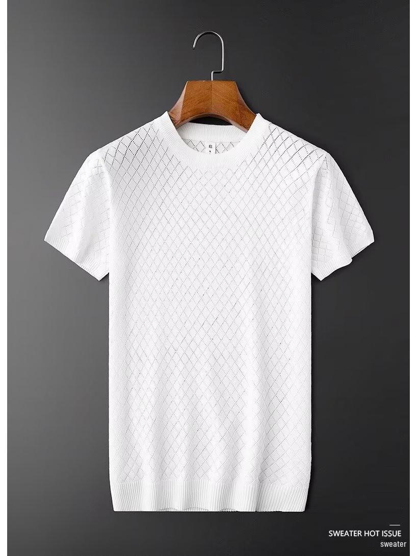 VantaGoods Heren Ice Silk V-hals Hollow Top: Coole, dunne, grote maat, gebreide trui met korte mouwen L