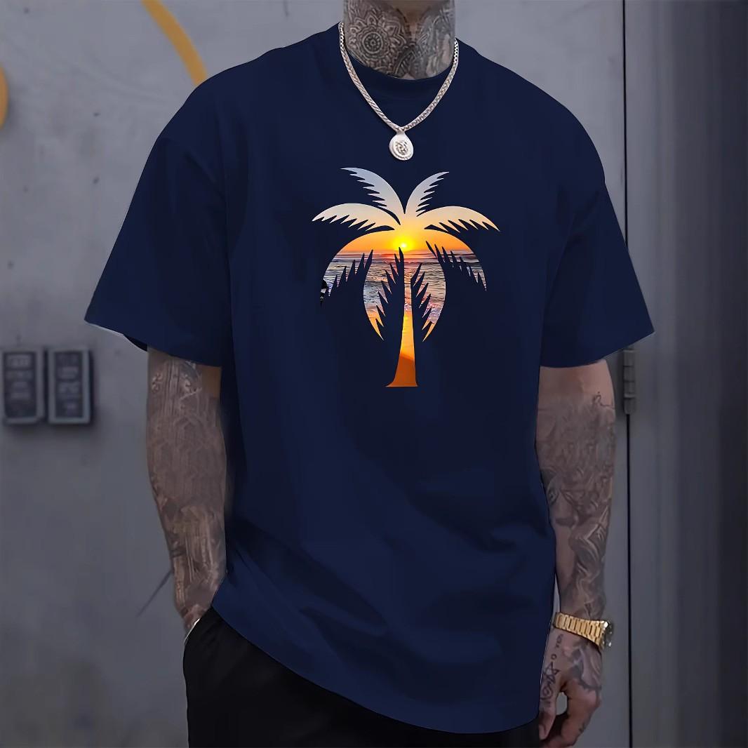 FEGKZLI Fashion Zomer heren T-shirt met korte mouwen, los, comfortabel, modieus, ademend, tropisch palmprint, katoenen T-shirt met korte mouwen voor heren S marineblauwe kleur
