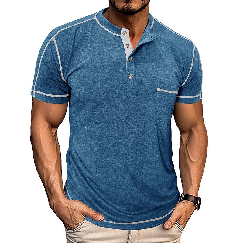 FX Men Zomer Henley kraag T-shirts Heren Casual Effen Kleur Korte Mouw T-shirts Hoge Kwaliteit Heren T-shirts XL blauw