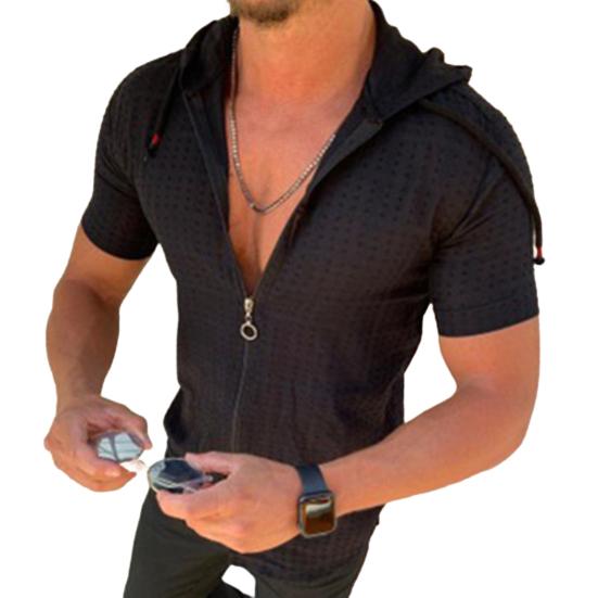 Xingtengrui Heren T-shirt met capuchon, korte mouwen, geruit T-shirt met rits, casual dun zomertopje voor sport, vrije tijd, buiten, strand M zwart